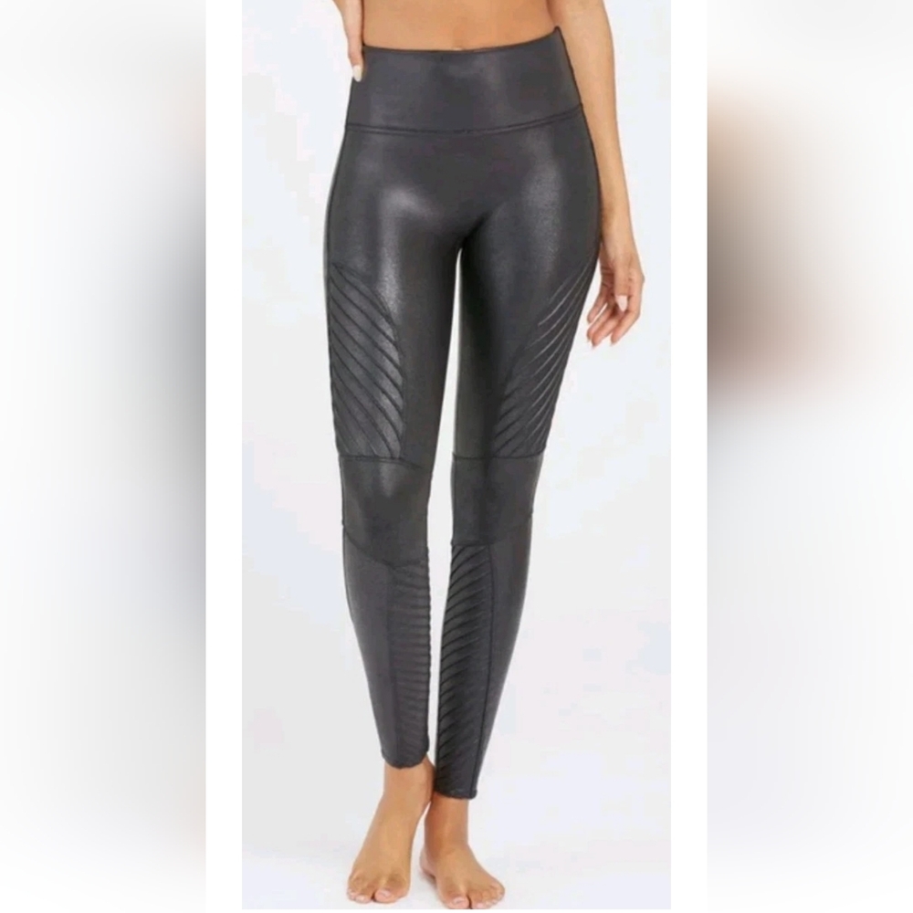 SPANX Faux Leather Leggings Shaping Waist Smooth Fit Black Moto Stretch Pants XL